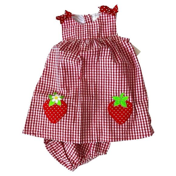 NWT Rare Editions 2PC Baby Girl Gingham Strawberry Dress & Diaper Cover Size 24M - Picture 1 of 2